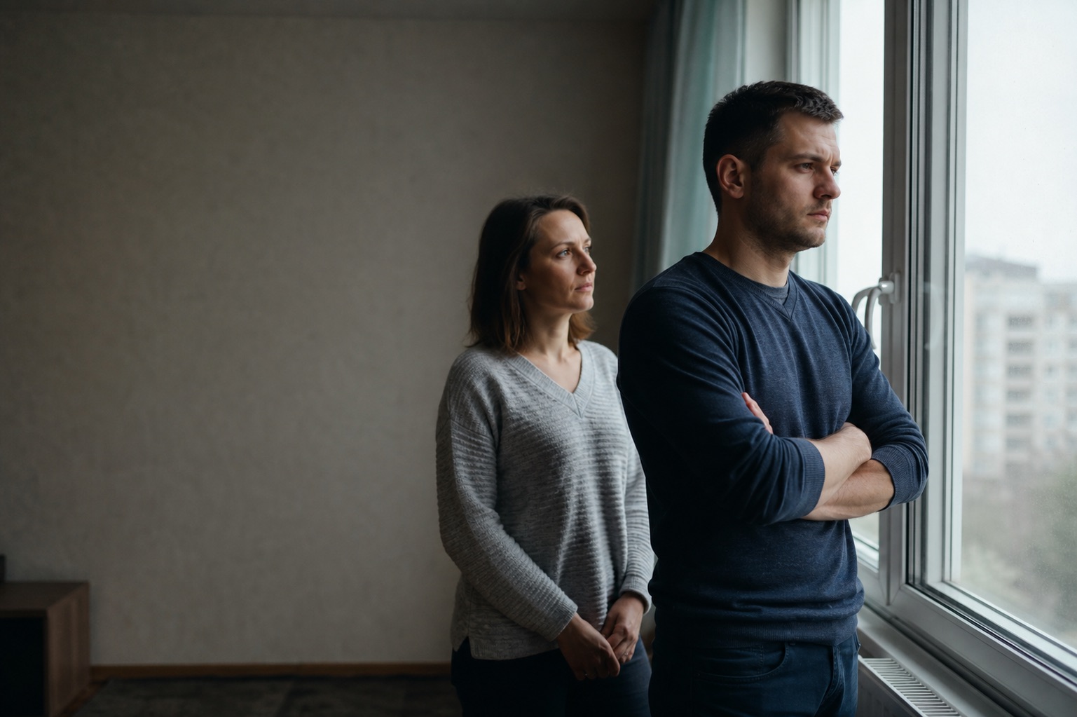 Мужчина у окна квартиры в задумчивости, рядом поддерживающая родственница — иллюстративное изображение